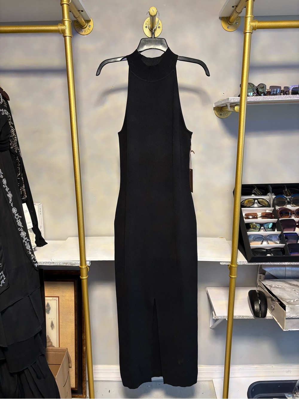 Kerisma Knits Sleek Black High-Neck Sleeveless Maxi Dress Front Split S/M NWT